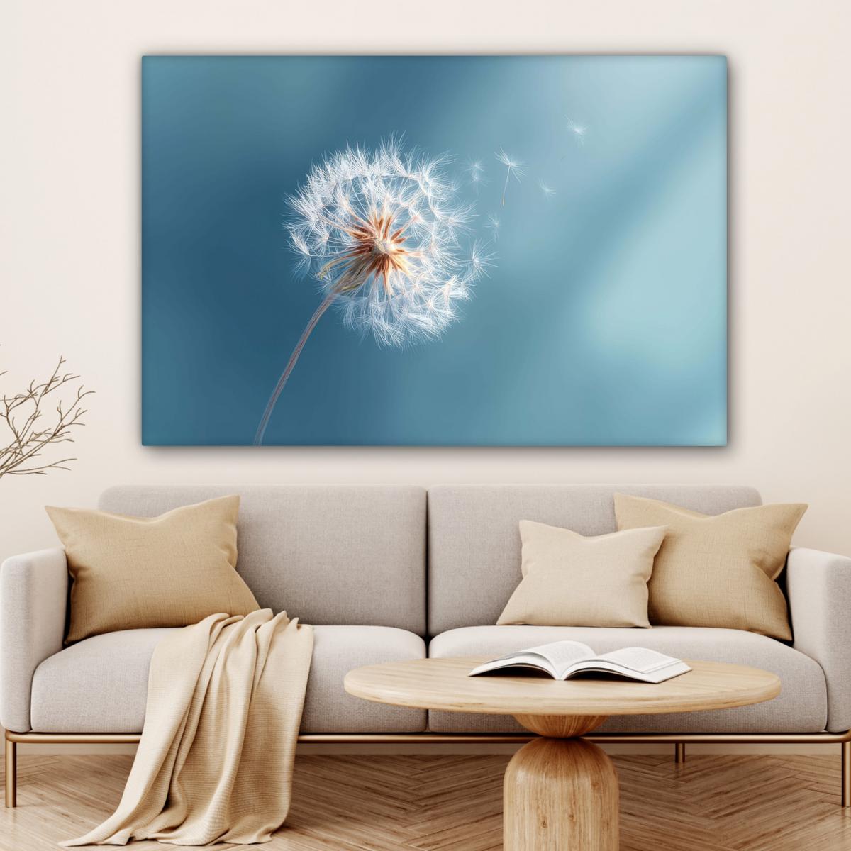LEINWANDBILD Löwenzahn - Wind - Blau XXL 150x100 cm - Blaugrau, Textil (150/100cm) - MuchoWow