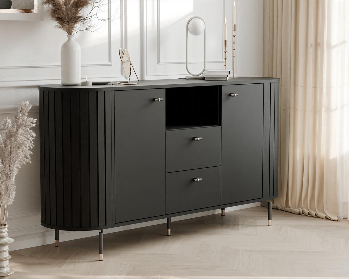 KOMMODE geriffelt, mit Fach, Schwarz - Schwarz, Holzwerkstoff (150/81/40cm) - Idohome