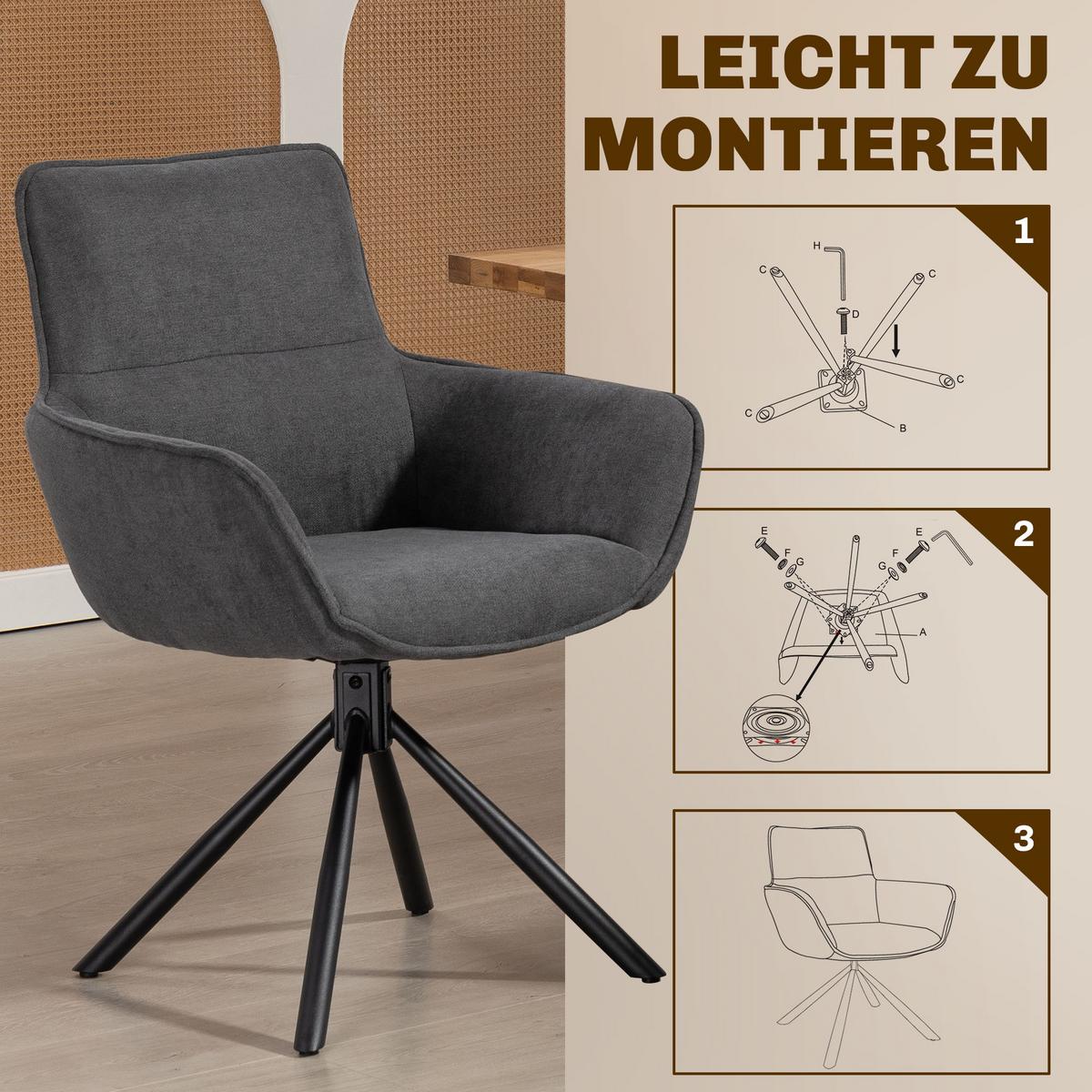 ESSZIMMERSTUHL 2er Set Polyester Metall Dunkelgrau - Dunkelgrau/Schwarz, Textil/Metall (64/87/67cm) - HOMCOM