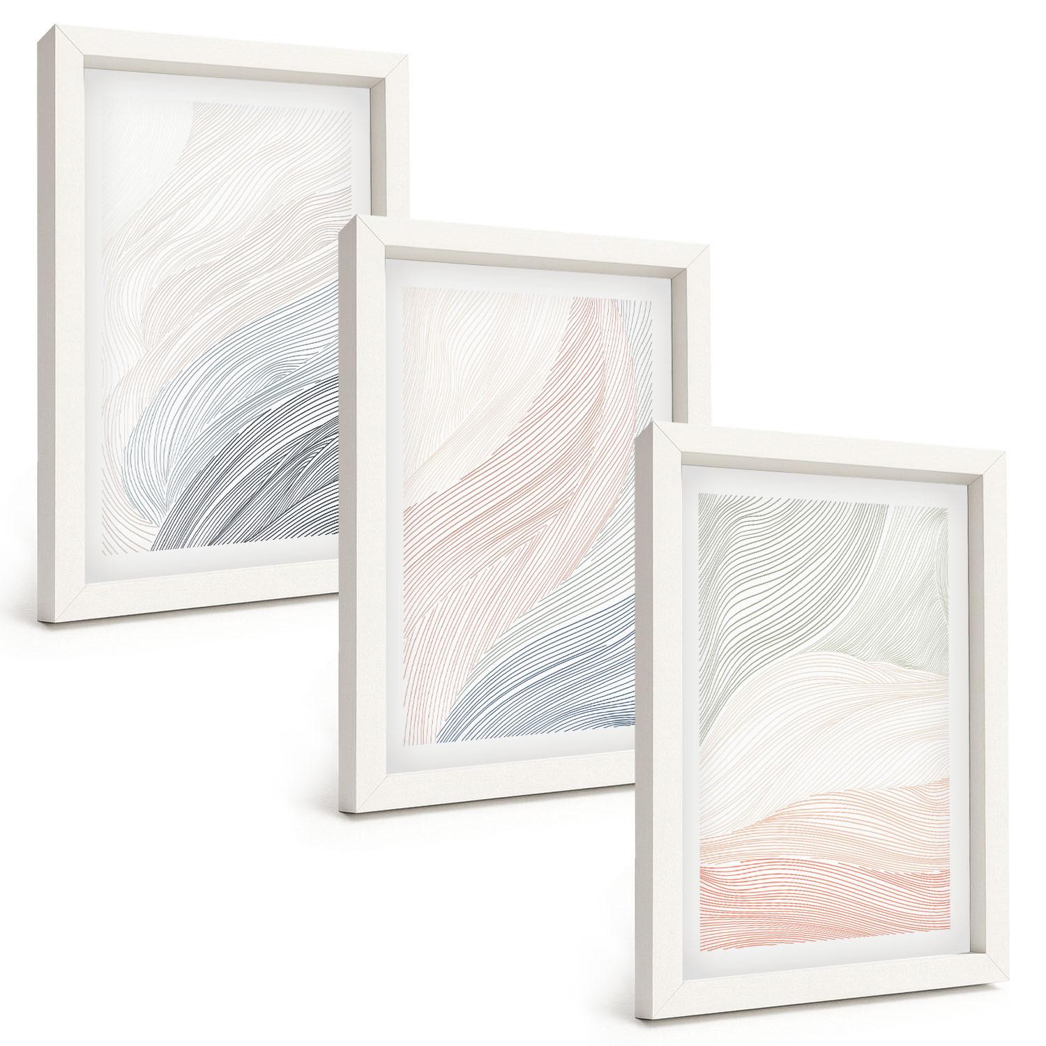 BILDER SET 3er Set - 20x30 cm Weißer Rahmen - Abstrakte Wellen, Karton, Pastell - Weiß, Kunststoff (20/30cm) - TULUP
