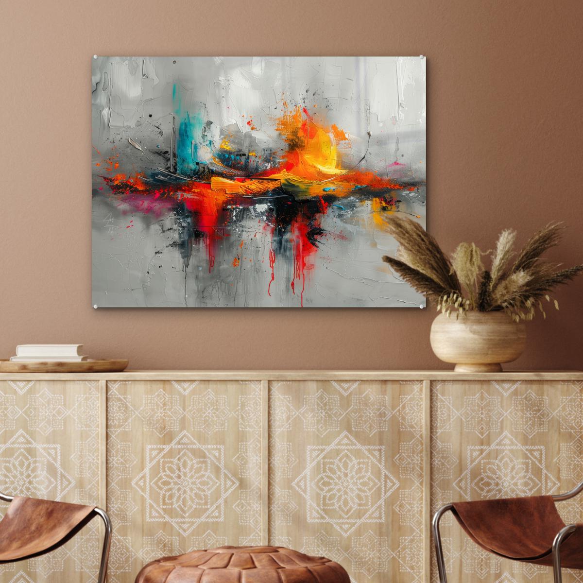 ACRYLGLASBILD Moderne Kunst - Orange - Grau - Abstrakt 80x60 cm - Hellgrau, Glas (80/60cm) - MuchoWow