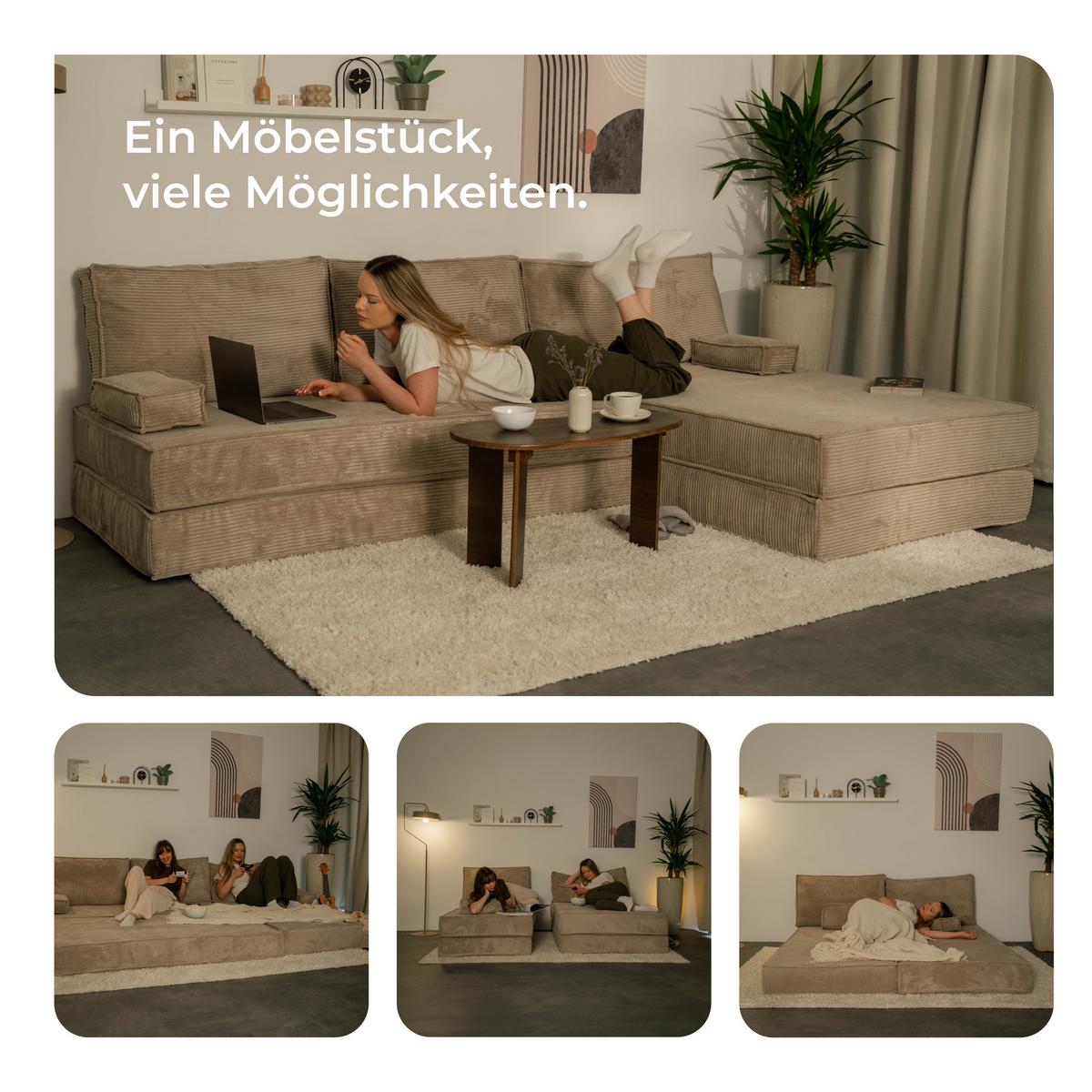 ECKSOFA ANKO modulares Boneless Sofa mit Schlaffunktion Hellgrau Kordstoff - Hellgrau, Textil (270/160cm) - MASSENO