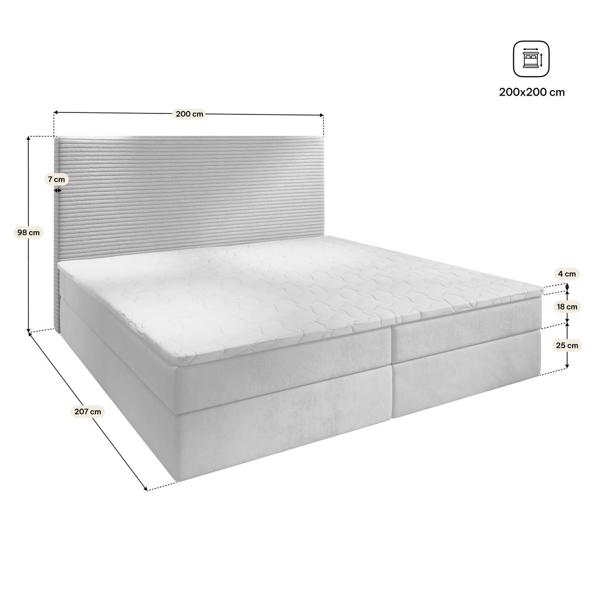 BOXBETT GIARRO 200x200 cm mit Matratze und Topper, H2+H3 - Grau - Grau, Holz (200/200cm) - MASSENO