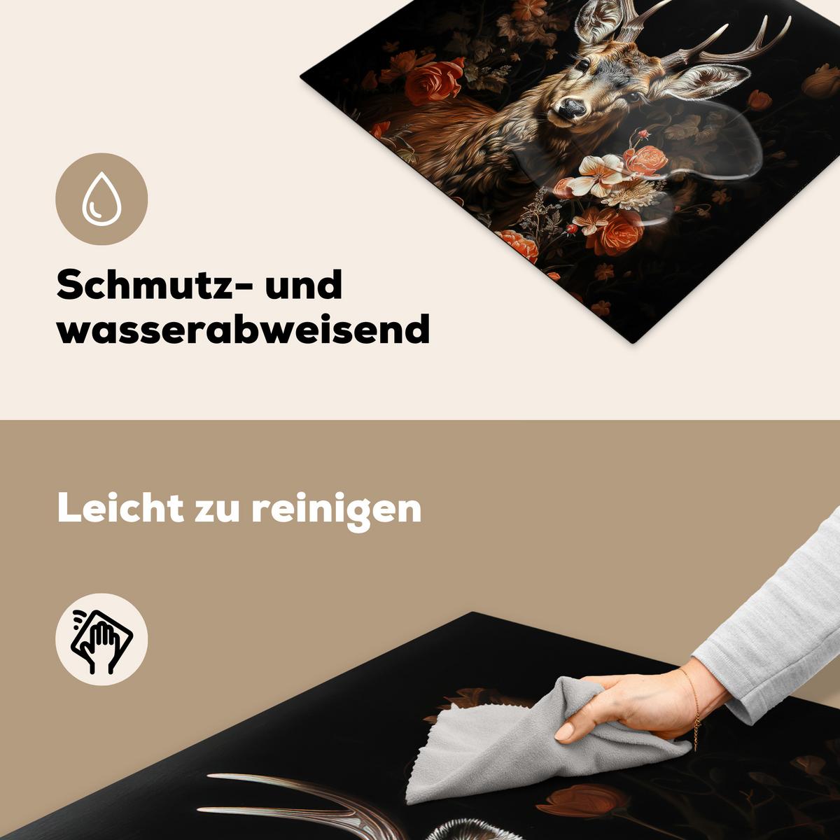 HERDABDECKPLATTE Hirsch - Tier - Blumen - Natur - Botanisch Abdeckung Ceranfeld 59x51 cm - Kupferfarben, Kunststoff (59/51/0.2cm) - MuchoWow