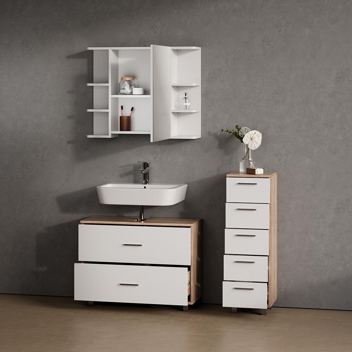 BADMÖBEL-SET Eisak Weiß/Sonoma 3 Teile, mit Unterschrank 80 cm - Weiß/Sonoma Eiche, Holzwerkstoff (80/60/33cm) - Livinity®
