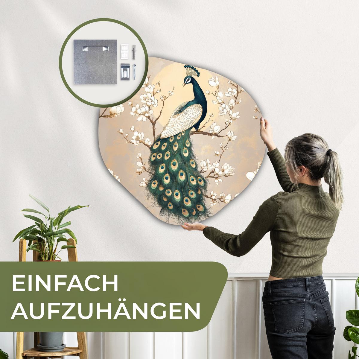 WANDBILD Pfau - Zweig - Blumen Room Decor 90x90 cm - Champagner, Kunststoff (90/90cm) - MuchoWow
