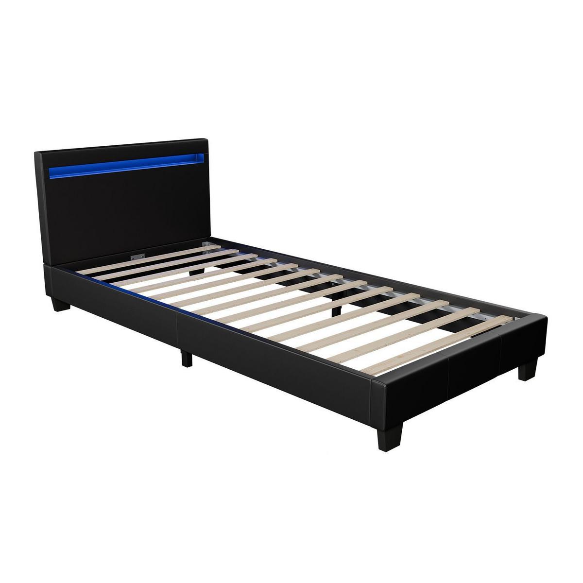 POLSTERBETT Paris mit Matratze und LED schwarz 90x200cm - Schwarz, Textil (90/200cm) - Juskys