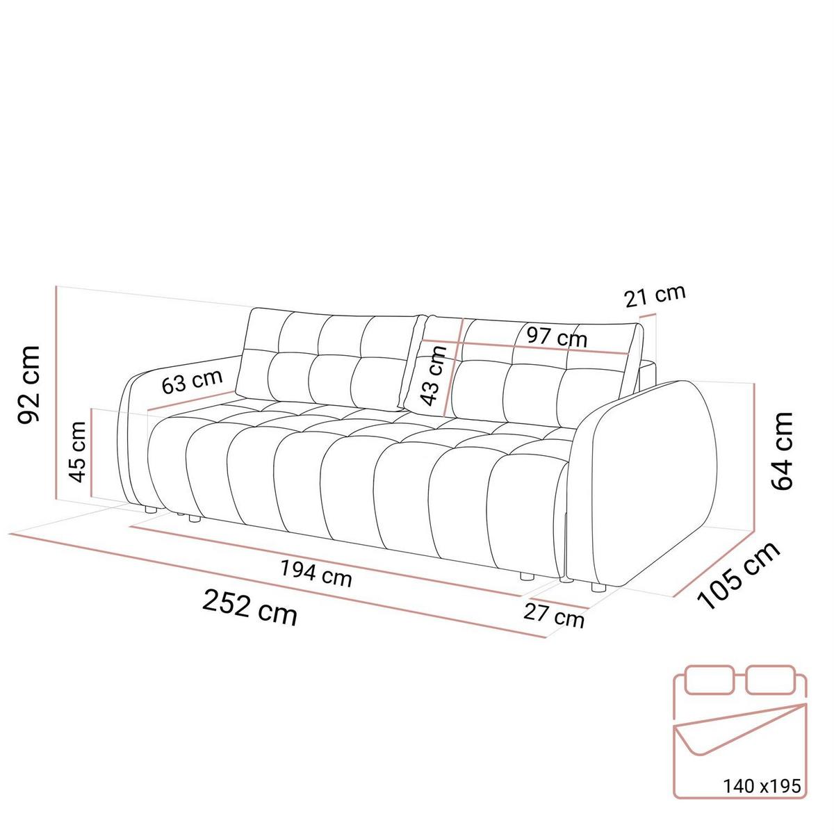 SOFA OMEGA Zweisitzer mit Schlaffunktion, Rosa 21 - Braun, Textil (252/92/105cm) - Lookway