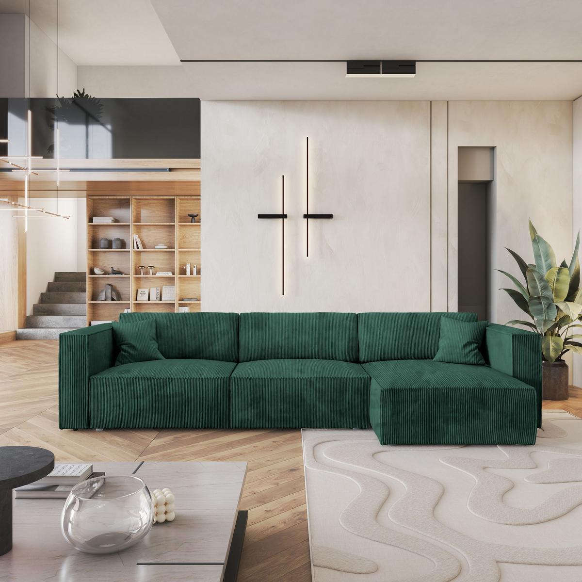 ECKSOFA TOLMO P Grün Kordstoff mit Schlaffunktion - Grau/Grün, Holz/Kunststoff (347/148cm) - MASSENO