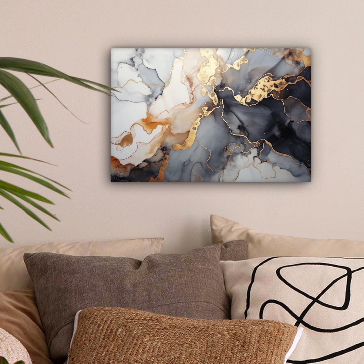 LEINWANDBILD Marmor - Schwarz - Gold - Weiß Deko Schlafzimmer 30x20 cm - Dunkelgrau, Textil (30/20cm) - MuchoWow