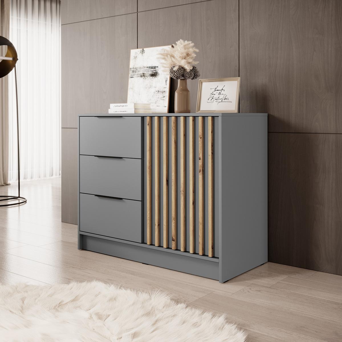 SIDEBOARD NELIANA 105/86/45cm mit 3 Schubladen 1 Türen Grau - Grau, Holzwerkstoff (105/86/45cm) - MASSENO