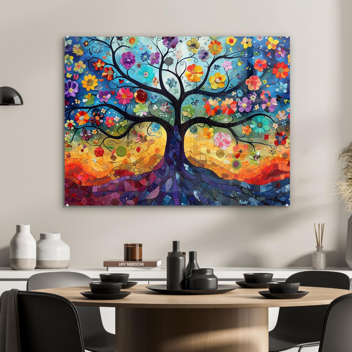 ACRYLGLASBILD Kunst - Baum des Lebens - Blumen - Hippie 80x60 cm - Dunkelblau, Glas (80/60cm) - MuchoWow