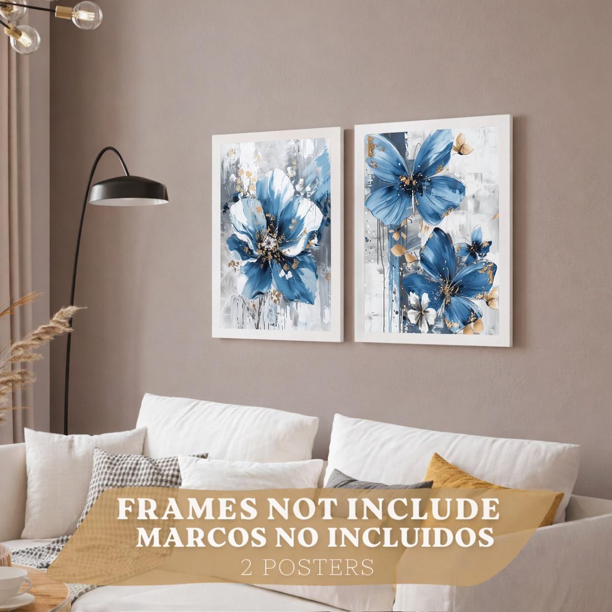 POSTER 2er-Set Wandbilder Blumen Blau Braun modern Wohnzimmer Deko, Schlafzimmer, Küche, Badezimmer Rahmenlos A4 - Klar, Papier (29.7/1/21cm) - Nacnic