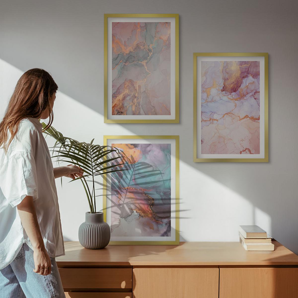 BILDER SET 3er Set - 40x60 cm Goldrahmen - Abstrakte Pastellmuster - Goldfarben, Kunststoff (40/60cm) - TULUP
