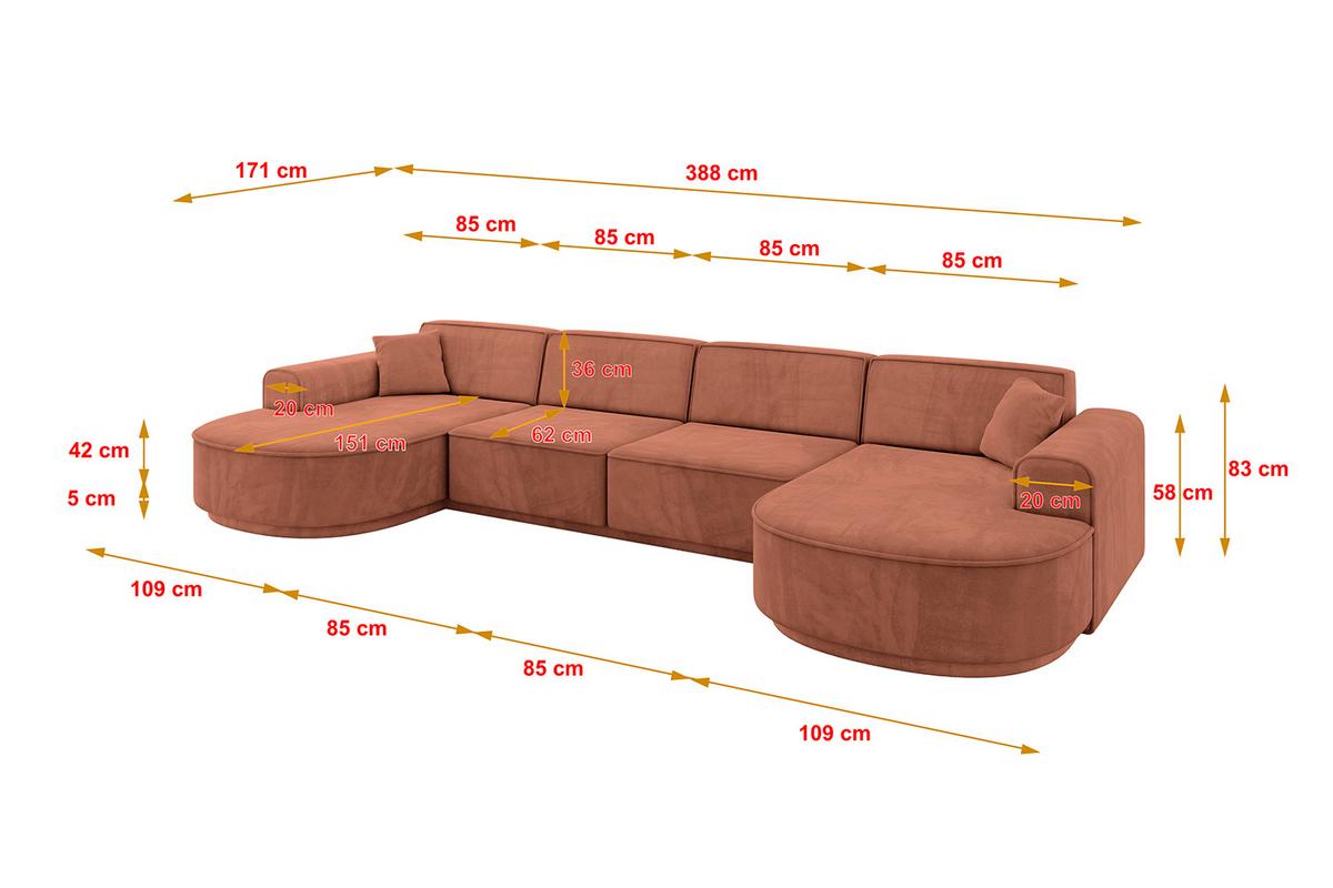 WOHNLANDSCHAFT MARI-U2-v3 - 388x171x83 cm Koralle Velours - Koralle/Schwarz, Holzwerkstoff/Kunststoff (388/83/171cm) - ALTDECOR