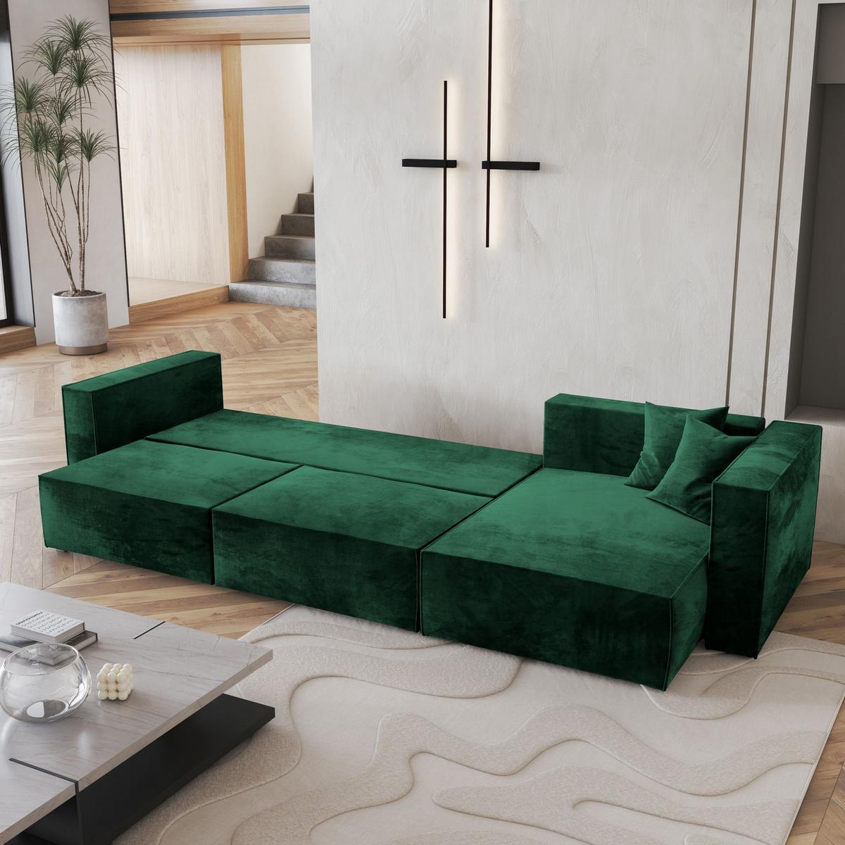ECKSOFA TOLMO M Grün Velours-Stoff mit Schlaffunktion - Grau/Grün, Holz/Kunststoff (347/148cm) - MASSENO