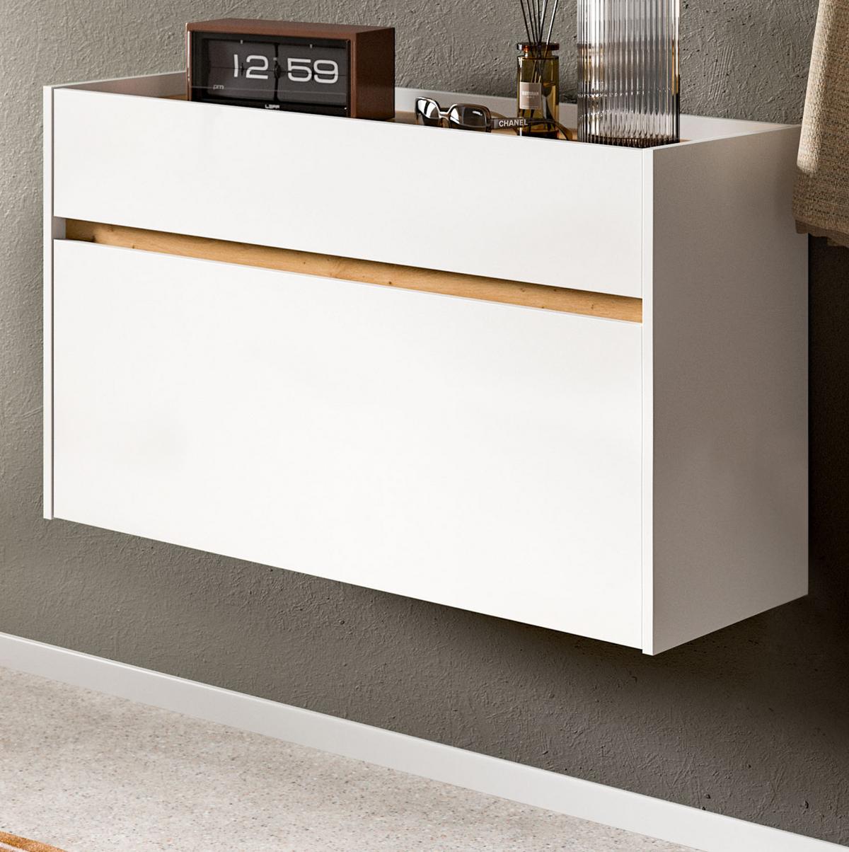 SCHUHKIPPER weiß und Eiche Artisan, Schuhschrank mit Schublade, hängend 110 x 61 cm - Weiß/Eiche Artisan, Holzwerkstoff (110/61/32cm) - Inn.Furn