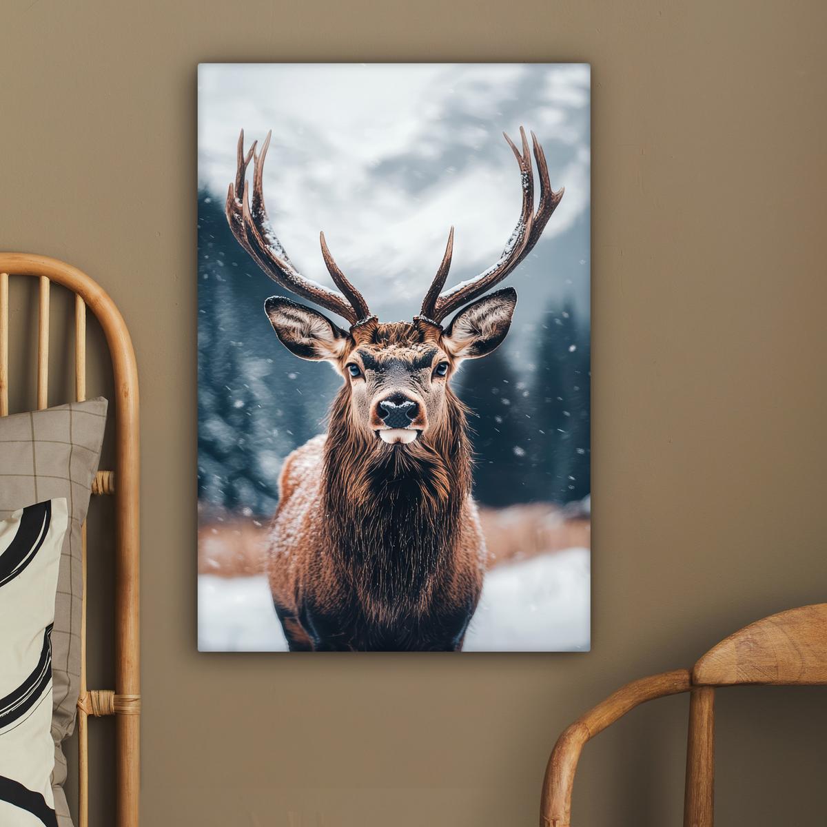 LEINWANDBILD Hirsche - Tiere - Landschaft - Winter - Schnee Wanddeko Schlafzimmer 60x90 cm - Kastanienfarben, Textil (60/90cm) - MuchoWow