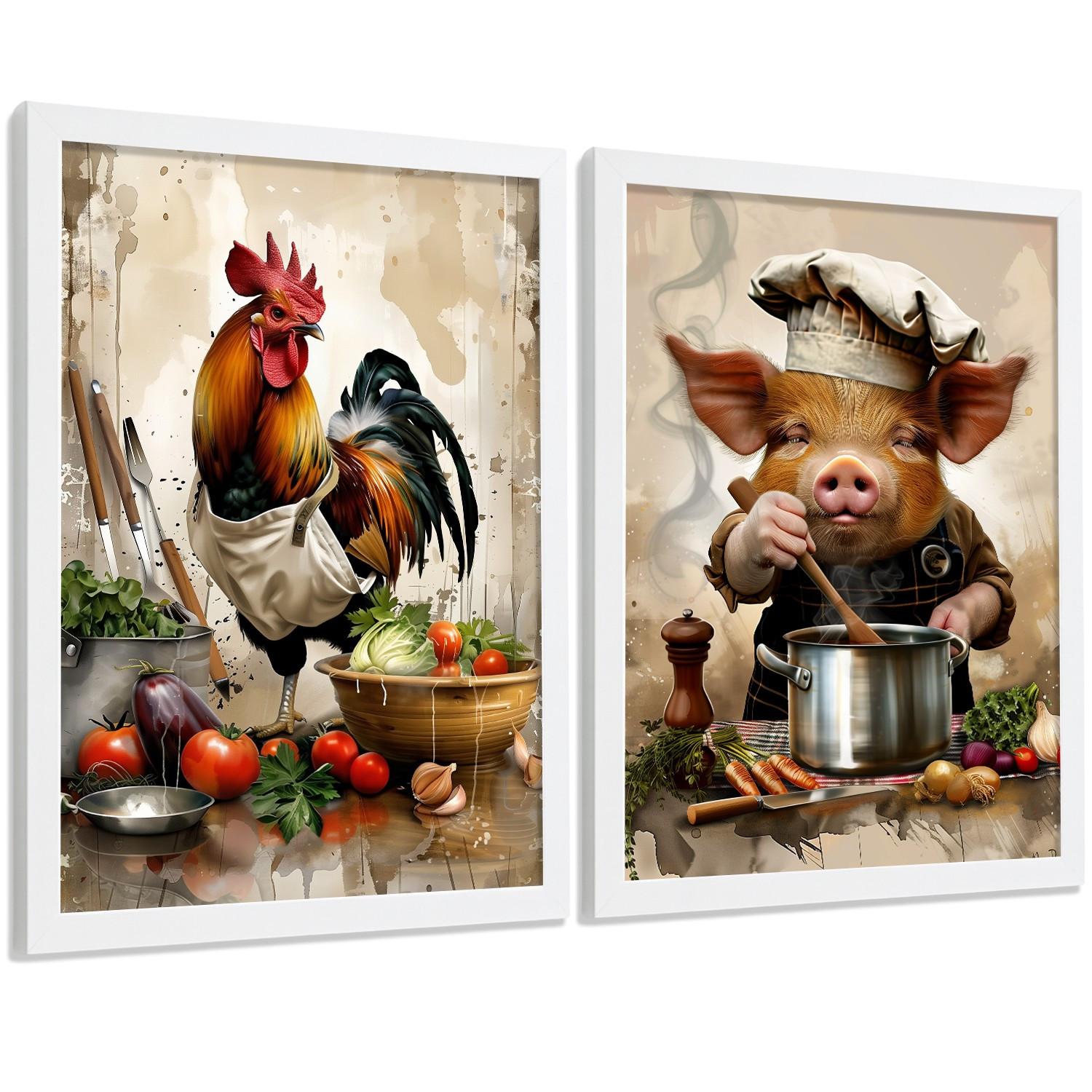 POSTER 2er Set Küchen-Wandbilder Hahn und Schwein Koch Aquarell Illustration Esszimmer Wanddeko Rahmenlos A4 - Weiß, Papier (29.7/1/21cm) - Nacnic
