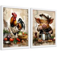 POSTER 2er Set Küchen-Wandbilder Hahn und Schwein Koch Aquarell Illustration Esszimmer Wanddeko Rahmenlos A4 - Weiß, Papier (29.7/1/21cm) - Nacnic