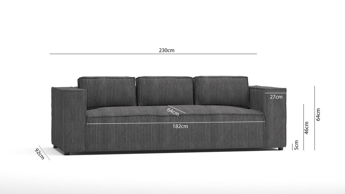 3-SITZER-SOFA Nova Grau Cord - Schwarz/Grau, Holz/Kunststoff (230/64/92cm) - S-Style Möbel