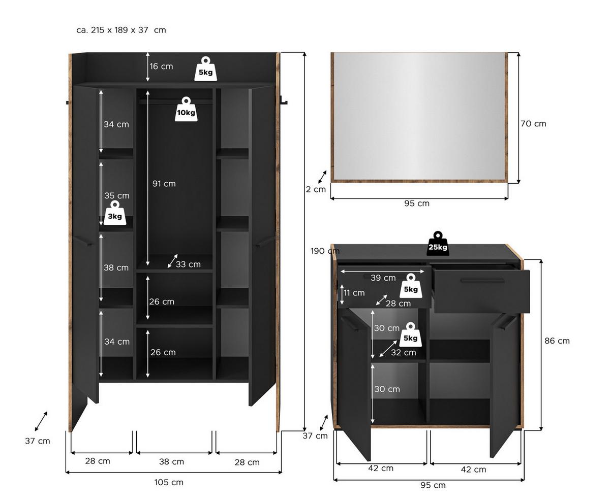 GARDEROBEN-SET 3-teilig grau, Eiche Nox 215 cm, Komplettset mit viel Stauraum - Eichefarben/Schwarz, Glas/Holzwerkstoff (215/189/37cm) - Inn.Furn