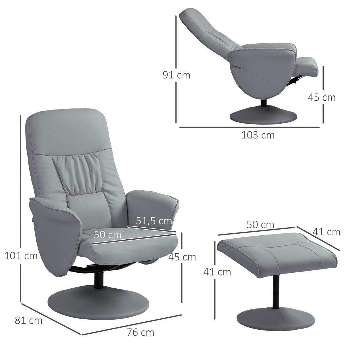 RELAXSESSEL mit Hocker, Fernsehsessel, TV Sessel mit Liegefunktion, Kunstleder - Hellgrau/Grau, Kunststoff/Metall (76/101/81cm) - HOMCOM