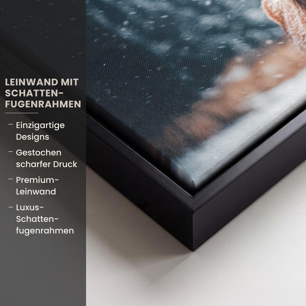 LEINWAND Bilder mit Rahmen - Hirsche - Tiere - Landschaft - Winter - Schnee - 30x20 - Kastanienfarben, Textil (30/20cm) - MuchoWow