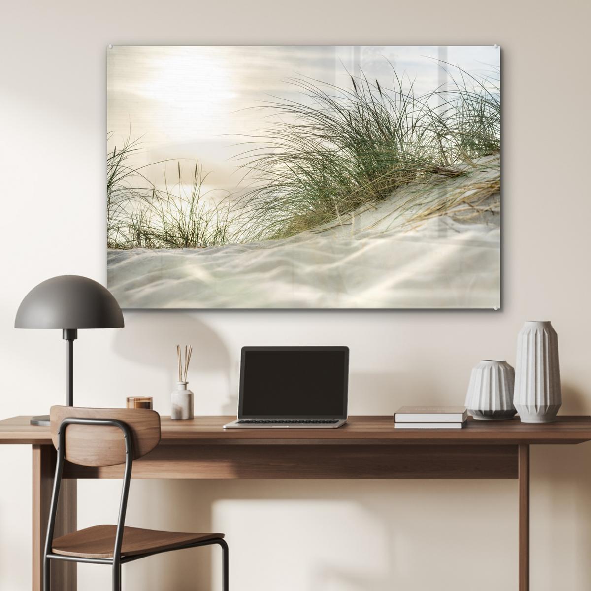 ACRYLGLASBILD Dünen mit Strandhafer in der Sonne des Nationalparks Schleswig-Holsteinisches Wattenmeer Wandbild Schlafzimmer 120x80 cm - Creme, Glas (120/80cm) - MuchoWow
