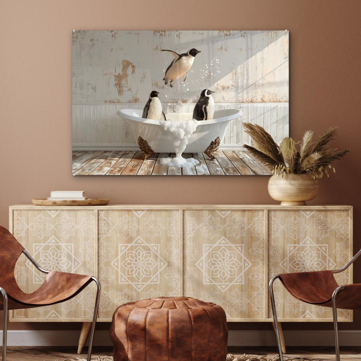 ACRYLGLASBILD Vintage - Pinguin - Badewanne - Schaumstoff Room Decor 90x60 cm - Schwarz, Glas (90/60cm) - MuchoWow