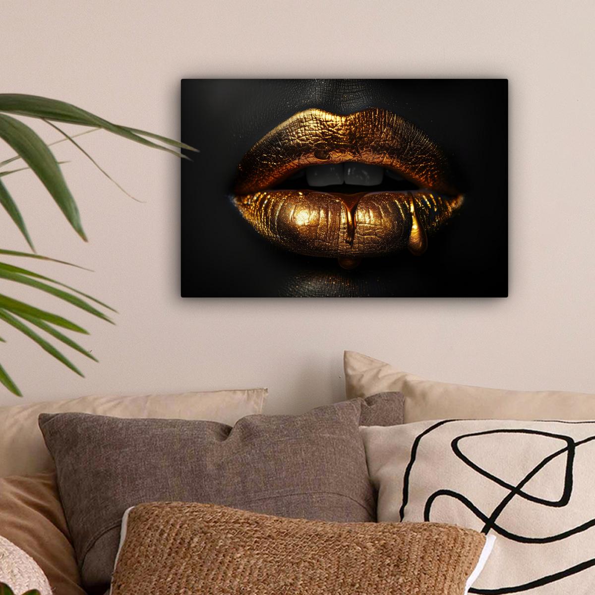 LEINWANDBILD Frau - Porträt - Lippen - Gold - Schwarz Deko Schlafzimmer 30x20 cm - Schwarz, Textil (30/20cm) - MuchoWow