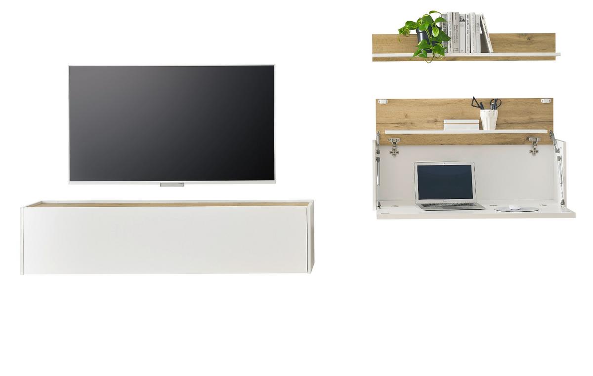 WOHNWAND weiß matt, Eiche Wotan 3-teilig 270 cm, Wohnkombination mit Sekretär - Eiche Wotan/Weiß, Holz/Holzwerkstoff (270/170/30cm) - Furn.Design