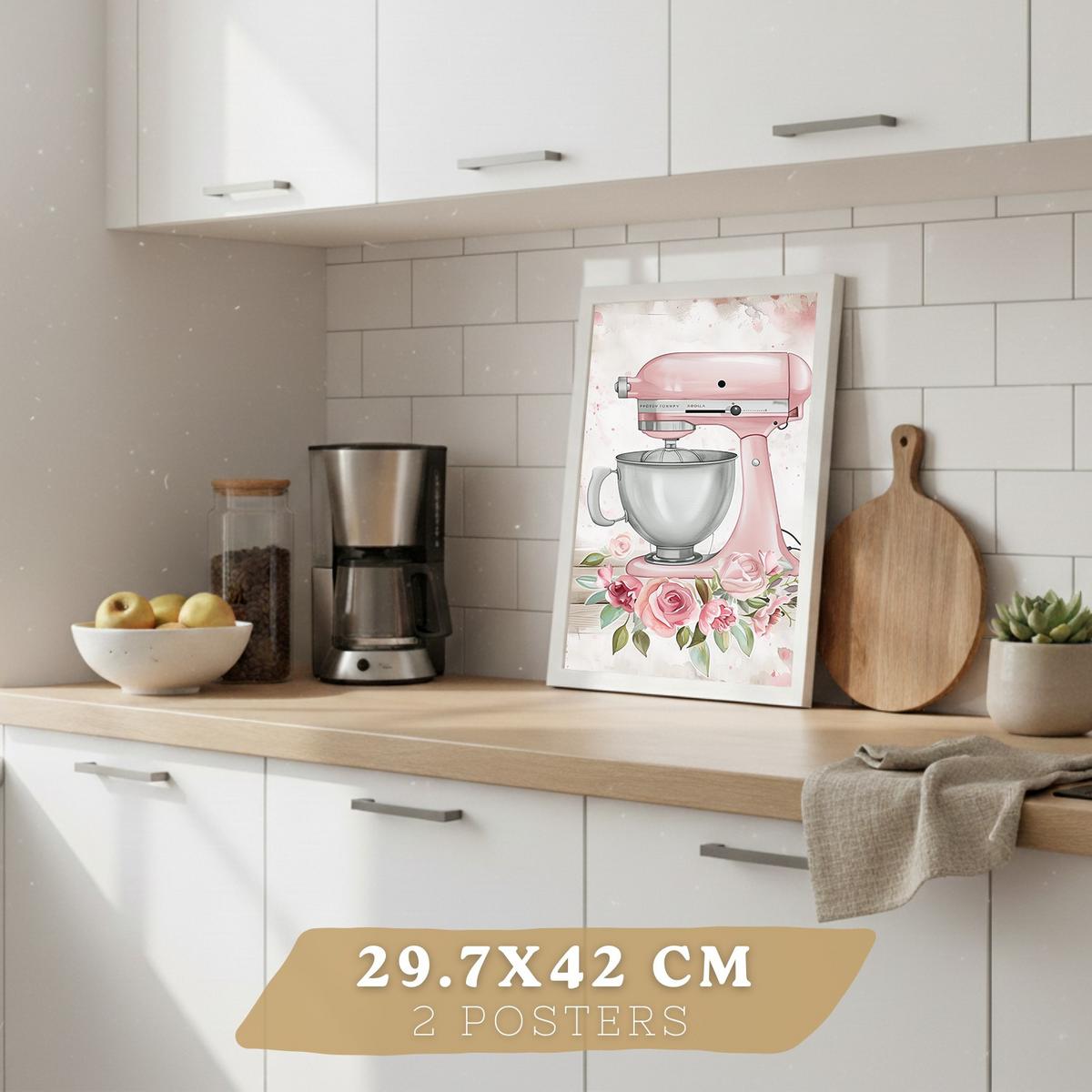POSTER 4er Set Rosa Backkunst Wandbilder Küchenmaschine Torte Utensilien Blumen Shabby Chic Küche Deko Weißer Rahmen A3 - Weiß, Papier (29.7/1/42cm) - Nacnic