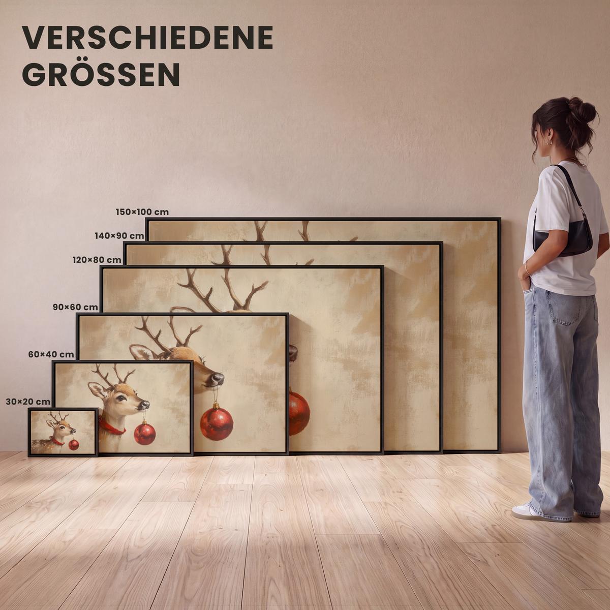 LEINWAND Bilder mit Rahmen - Weihnachten - Hirsch - Geweih - Weihnachtskugel - Rentier - 90x60 - Hellbraun, Textil (90/60cm) - MuchoWow