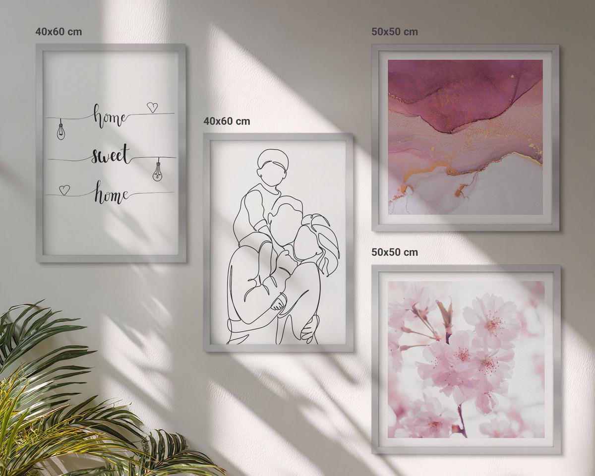 BILDER SET 4er Set - 50x50 cm & 40x60 cm Silberner Rahmen - Blumenfamilie minimalistisch - Silberfarben, Kunststoff (50/50cm) - TULUP