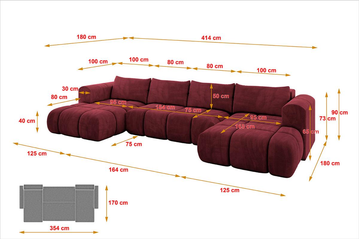 WOHNLANDSCHAFT CLOUD-U 405x185x90 Bordeaux Velours - Bordeaux, Holzwerkstoff/Kunststoff (405/90/185cm) - ALTDECOR