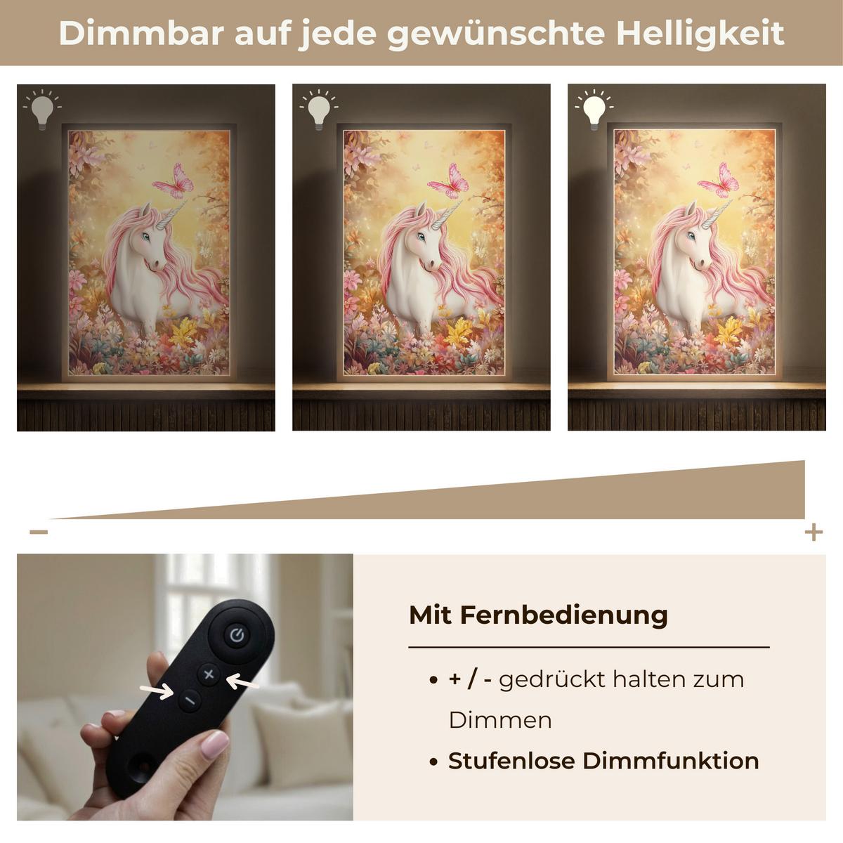 WANDLEUCHTE MIT AKKU Einhorn - Blumen - Schmetterling - Rosa 40x60 cm - Beige, Holzwerkstoff (40/60/8cm) - OnlyWow