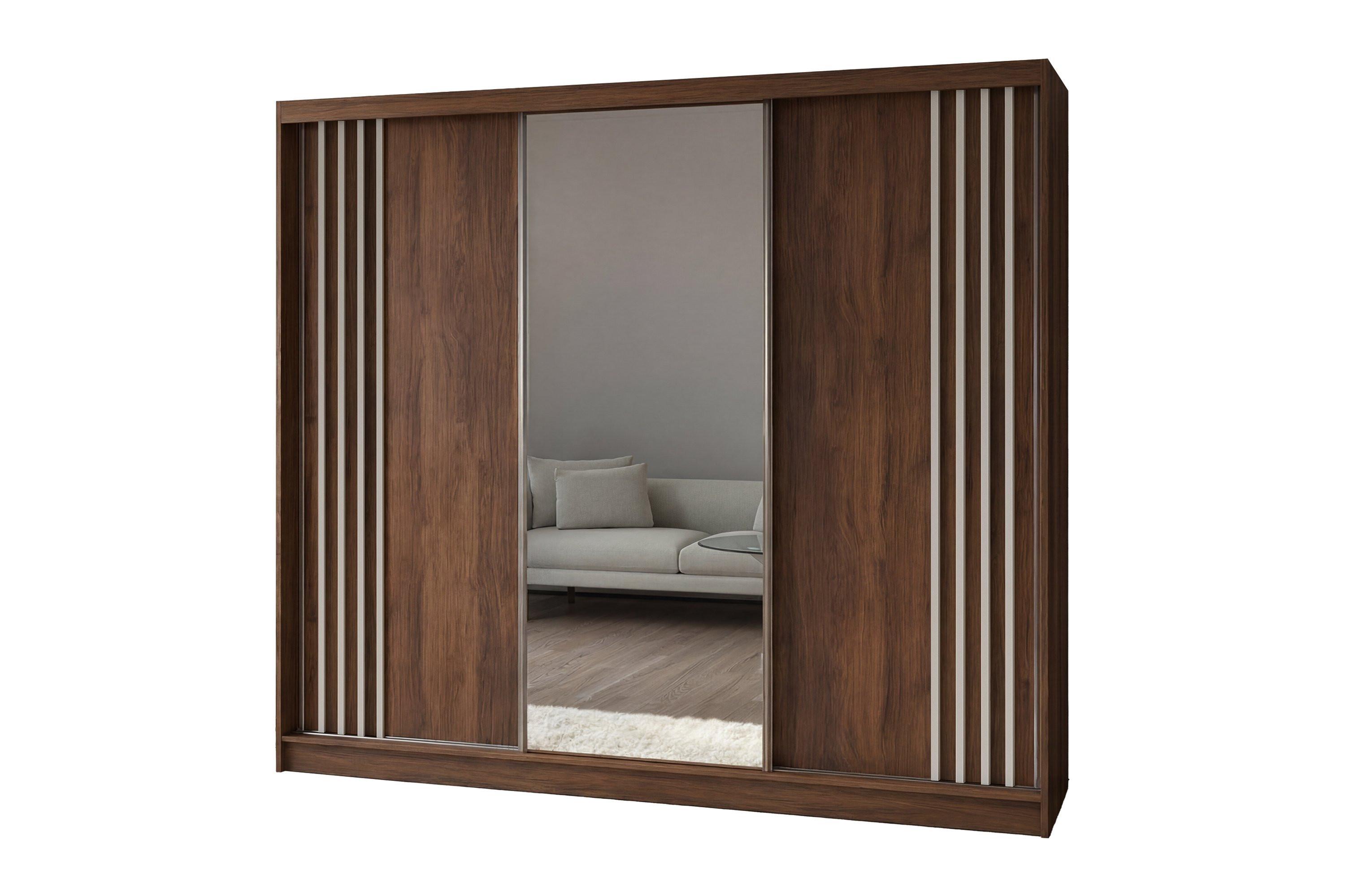SCHWEBETÜRENSCHRANK NELVIA 240/216/61 cm Modern Kleiderschrank 3-türig mit Spiegel Nussbaumfarben - Nussbaumfarben, Holzwerkstoff (240/216/61cm) - MASSENO