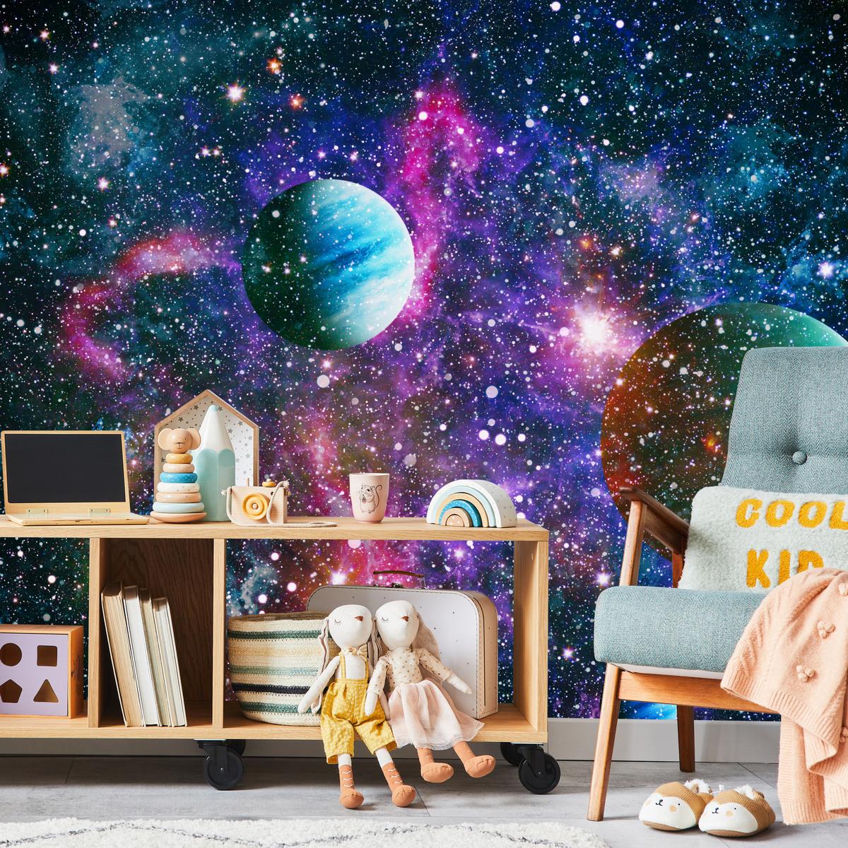 FOTOTAPETE für Schlafzimmer Bunte Planeten Sternenhimmel Kosmos 500x350 - Rot/Violett, Papier (500/350cm) - Muralo