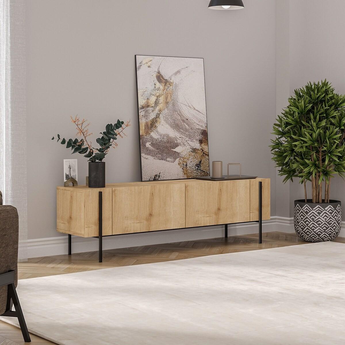 TV-MÖBEL mit 2 klappbaren Türen und Metallfüßen 31,4/160/45,6 cm - Eichefarben, Holzwerkstoff (31.4/45.6/36cm) - Calicosy