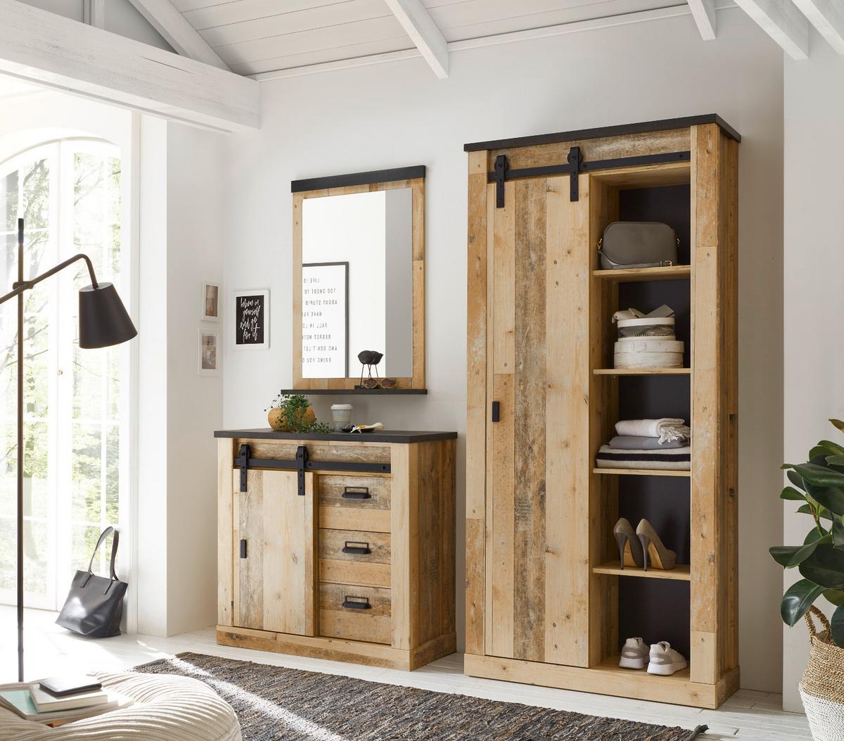 GARDEROBENBANK Used Wood Vintage 93 x 46 cm, Schiebetür und Soft-Close - Anthrazit/Schwarz, Holzwerkstoff/Metall (93/46/43cm) - Furn.Design