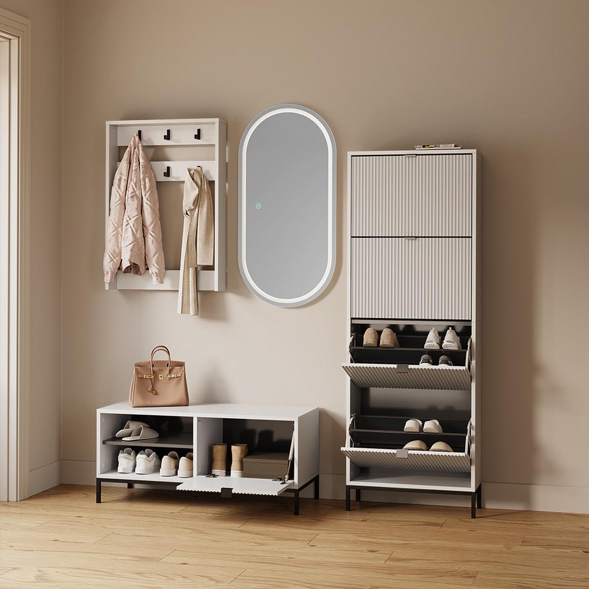 SCHUHKIPPER Aterno Weiß 60 x 168 cm mit 4 Klappschubladen - Weiß, Holzwerkstoff (60/168/24cm) - Livinity®