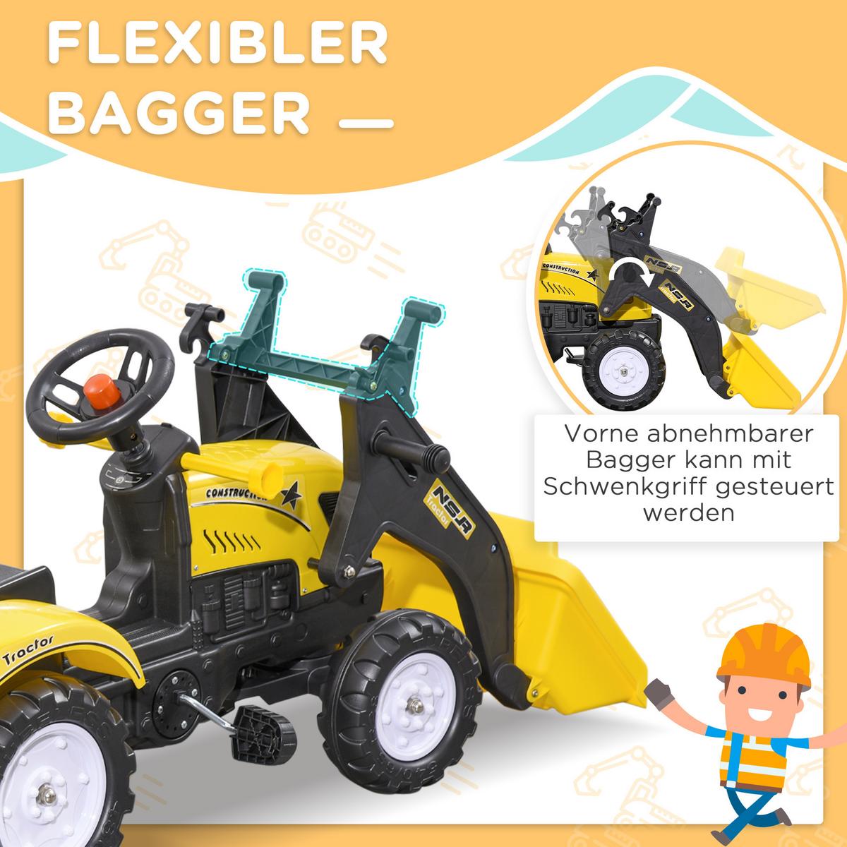TRETTRAKTOR mit Anhänger Tretauto und Anhänger Traktor ab 3 Jahre Kinder - Gelb, Metall (167/41/52cm) - HOMCOM