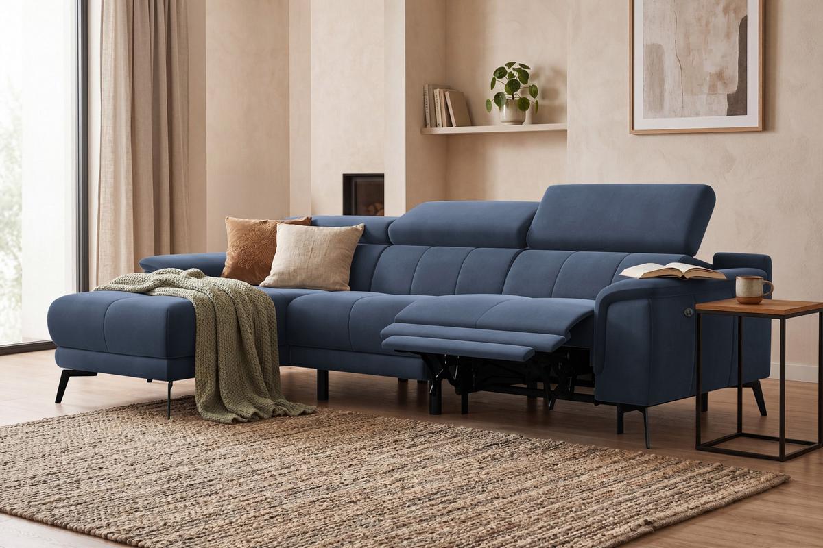ECKSOFA FIERO 4-Sitzer LINKS, Marineblauer Veloursstoff - Blau/Schwarz, Holz/Textil (288/170cm) - Courtois Laville