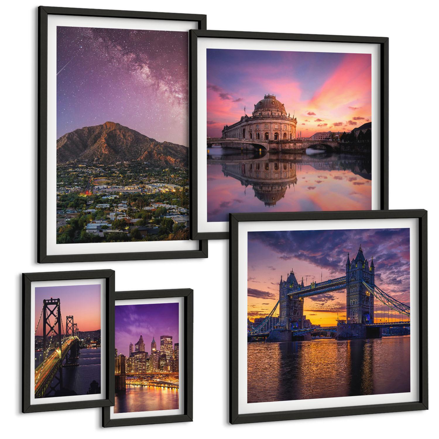 BILDER SET 5er Set - 50x50 cm & 20x30 cm & 40x60 cm Schwarzer Rahmen - Brücken, Sonne, Stadtblick - Schwarz, Kunststoff (40/60cm) - TULUP