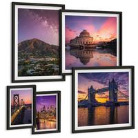 BILDER SET 5er Set - 50x50 cm & 20x30 cm & 40x60 cm Schwarzer Rahmen - Brücken, Sonne, Stadtblick - Schwarz, Kunststoff (40/60cm) - TULUP