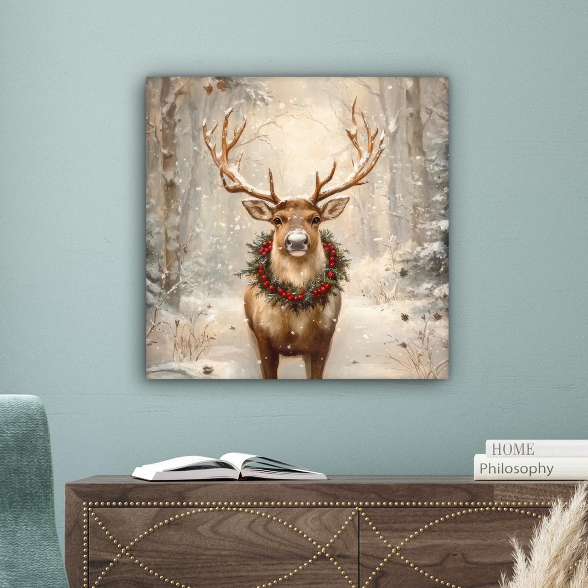 LEINWANDBILD Weihnachten - Rentier - Winter - Kranz Wandbild Wohnzimmer 50x50 cm - Naturfarben, Textil (50/50cm) - MuchoWow
