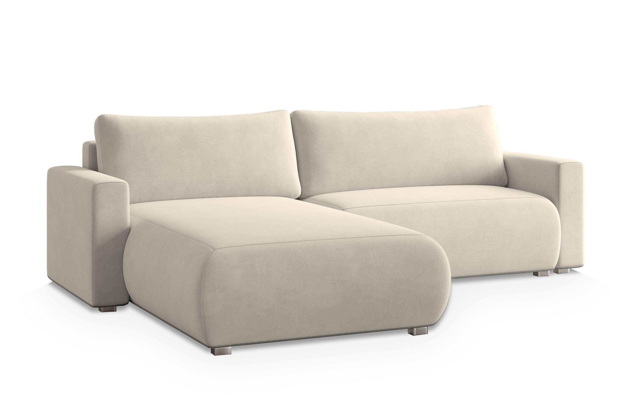 ECKSOFA TURIN M Creme Velours-Stoff mit Schlaffunktion - Creme/Grau, Holz/Kunststoff (265/183cm) - MASSENO