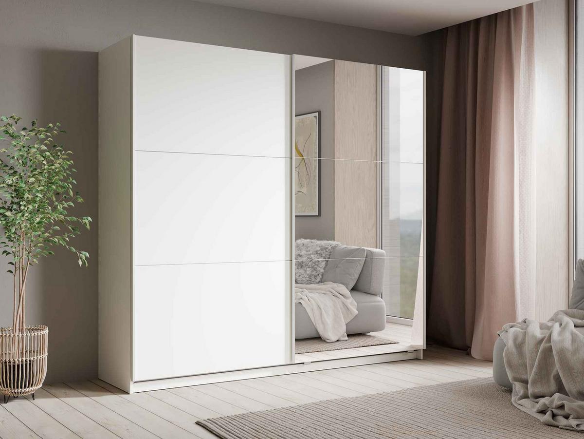 SCHWEBETÜRENSCHRANK RADEN 221/207/60cm 2-türig mit Spiegel Weiß - Weiß, Holzwerkstoff (221/207/60cm) - MASSENO