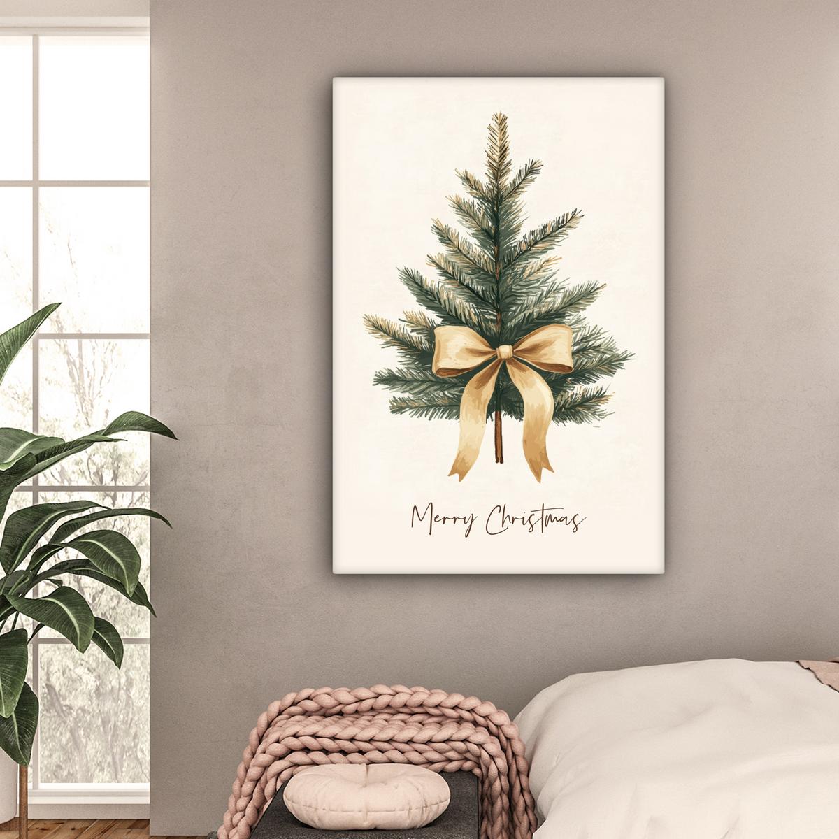 LEINWANDBILD Weihnachtsbaum - Weihnachten - Frohe Weihnachten - Beige Deko XXL 80x120 cm - Sandfarben, Textil (80/120cm) - MuchoWow